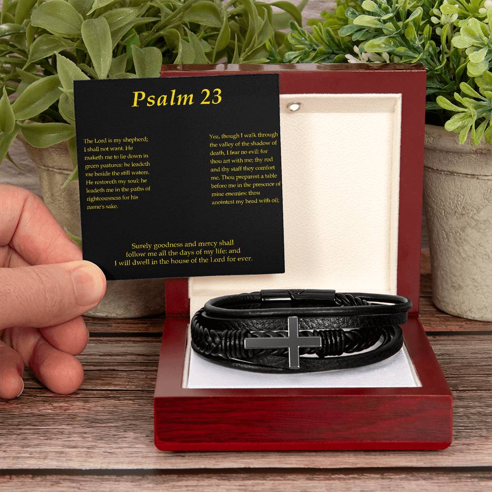 Lord is my Shepherd Psalm 23:2 Men's Stainless Steel & Vegan Leather Cross Bracelet - Vegan Leather with Stainless Steel-Express Your Love Gifts