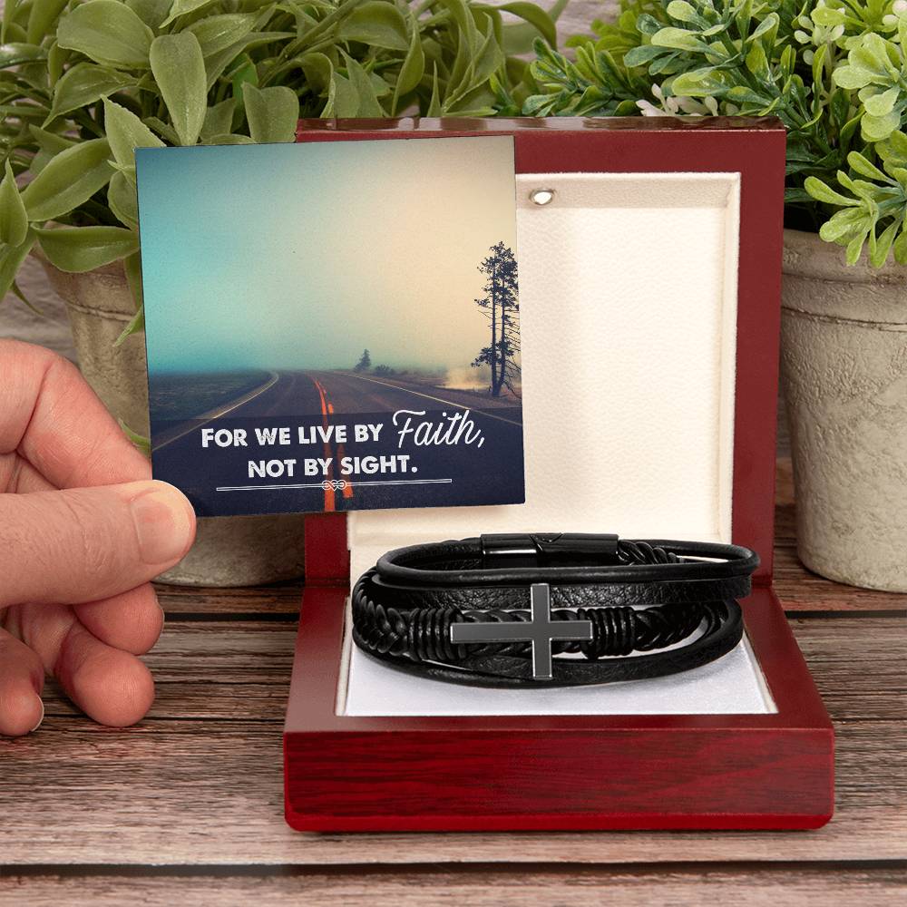 For We Live by Faith Not by Side Men's Stainless Steel & Vegan Leather Cross Bracelet - Vegan Leather with Stainless Steel-Express Your Love Gifts