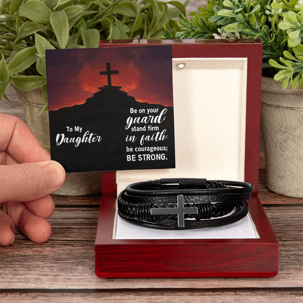 To My Daughter Stand Firm in Faith Stainless Steel & Vegan Leather Cross Bracelet-Express Your Love Gifts