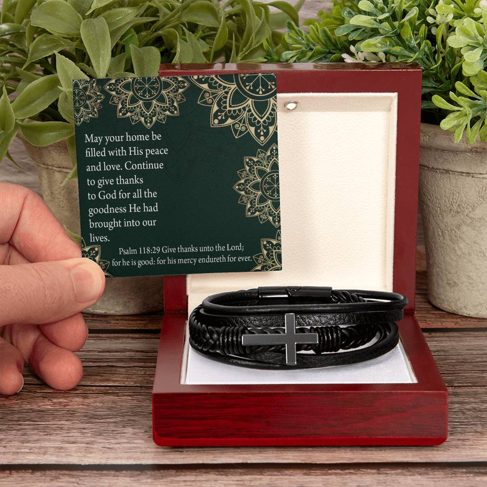 Thanksgiving Psalm 118:29 Men's Stainless Steel & Vegan Leather Cross Bracelet - Vegan Leather with Stainless Steel-Express Your Love Gifts