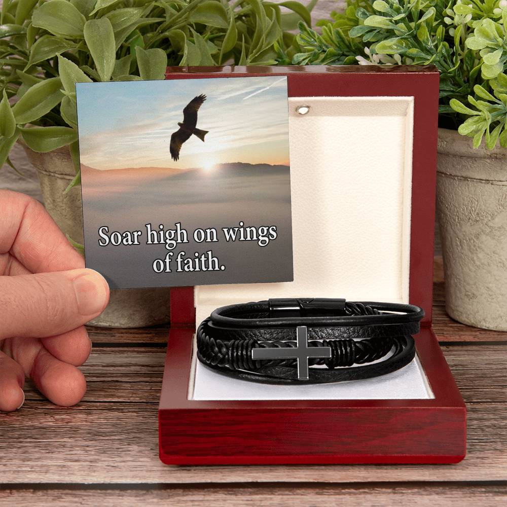 Soar High on Faith in Lord Isaiah 40:31 Men's Stainless Steel & Vegan Leather Cross Bracelet - Vegan Leather with Stainless Steel-Express Your Love Gifts