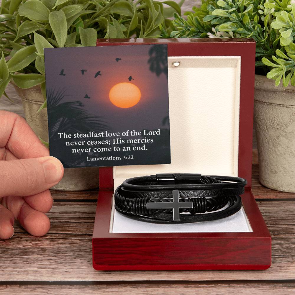 Love of Lord Never Ends Lamentations 3:22 Men's Stainless Steel & Vegan Leather Cross Bracelet - Vegan Leather with Stainless Steel-Express Your Love Gifts