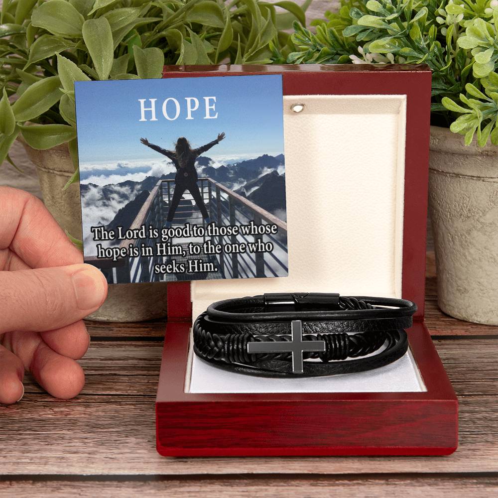 Hope is in Him Men's Stainless Steel & Vegan Leather Cross Bracelet - Vegan Leather with Stainless Steel-Express Your Love Gifts
