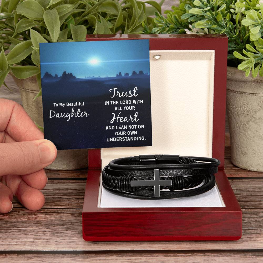 Trust in The Lord Proverbs 3:5-6 Men's Stainless Steel & Vegan Leather Cross Bracelet - Vegan Leather with Stainless Steel-Express Your Love Gifts