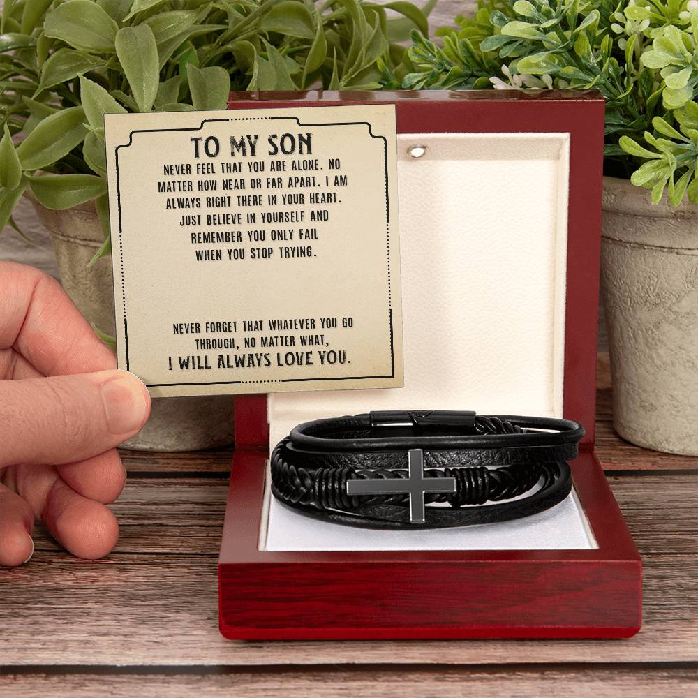 To My Son Never Feel That Men's Cross Bracelet - Vegan Leather with Stainless Steel-Express Your Love Gifts
