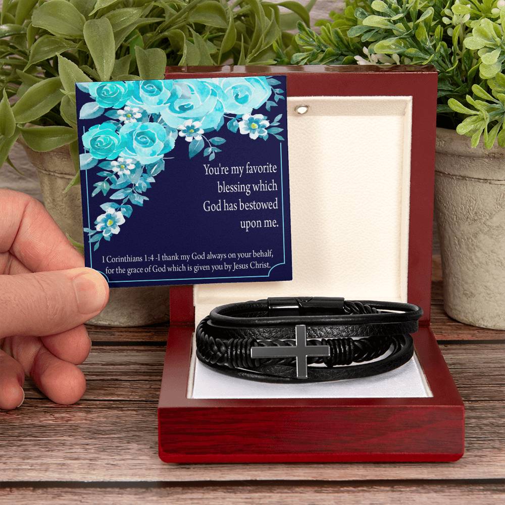 Thinking of You 1 Corinthians 1:4 Men's Stainless Steel & Vegan Leather Cross Bracelet - Vegan Leather with Stainless Steel-Express Your Love Gifts