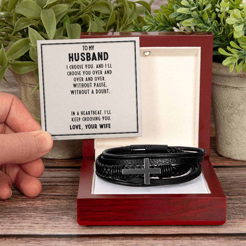 To My Husband I Choose You Men's Cross Bracelet - Vegan Leather with Stainless Steel-Express Your Love Gifts