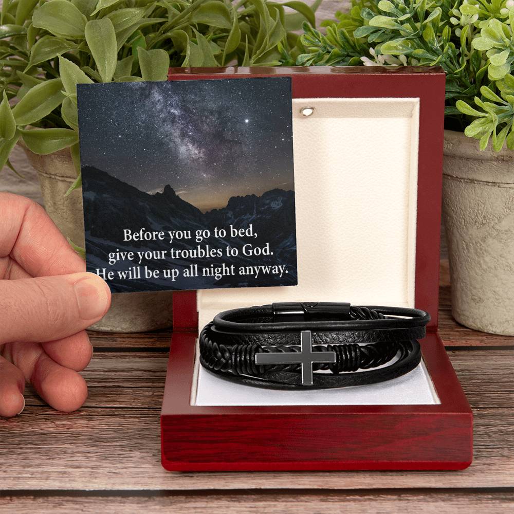 Give Your Trouble to God Men's Stainless Steel & Vegan Leather Cross Bracelet - Vegan Leather with Stainless Steel-Express Your Love Gifts