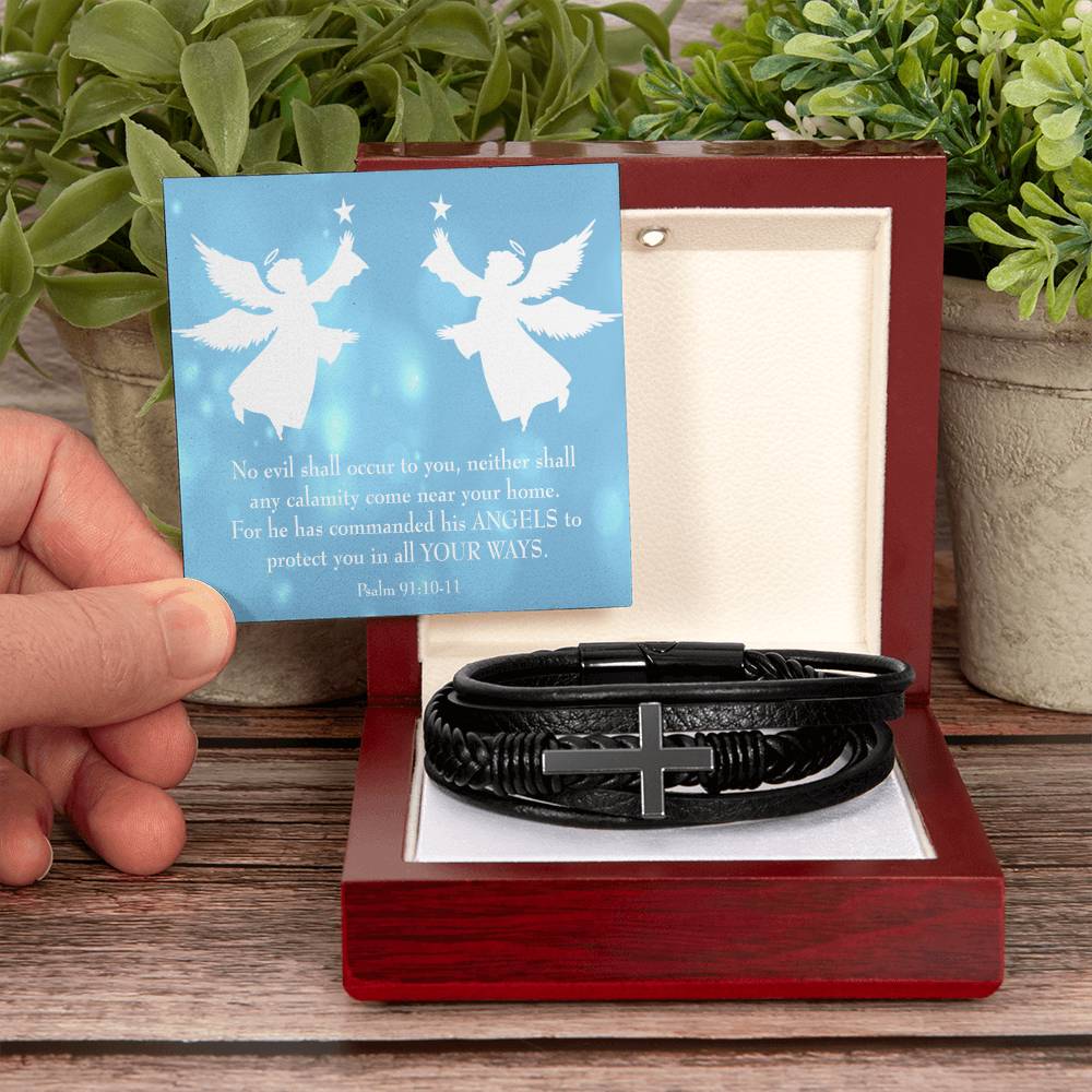Psalm 91 Blue Men's Stainless Steel & Vegan Leather Cross Bracelet - Vegan Leather with Stainless Steel-Express Your Love Gifts
