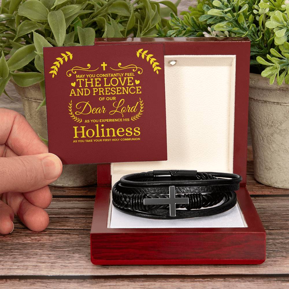 Our Dear Lord First Communion Men's Stainless Steel & Vegan Leather Cross Bracelet - Vegan Leather with Stainless Steel-Express Your Love Gifts