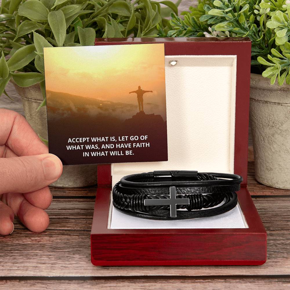 Accept What Is Men's Stainless Steel & Vegan Leather Cross Bracelet - Vegan Leather with Stainless Steel-Express Your Love Gifts