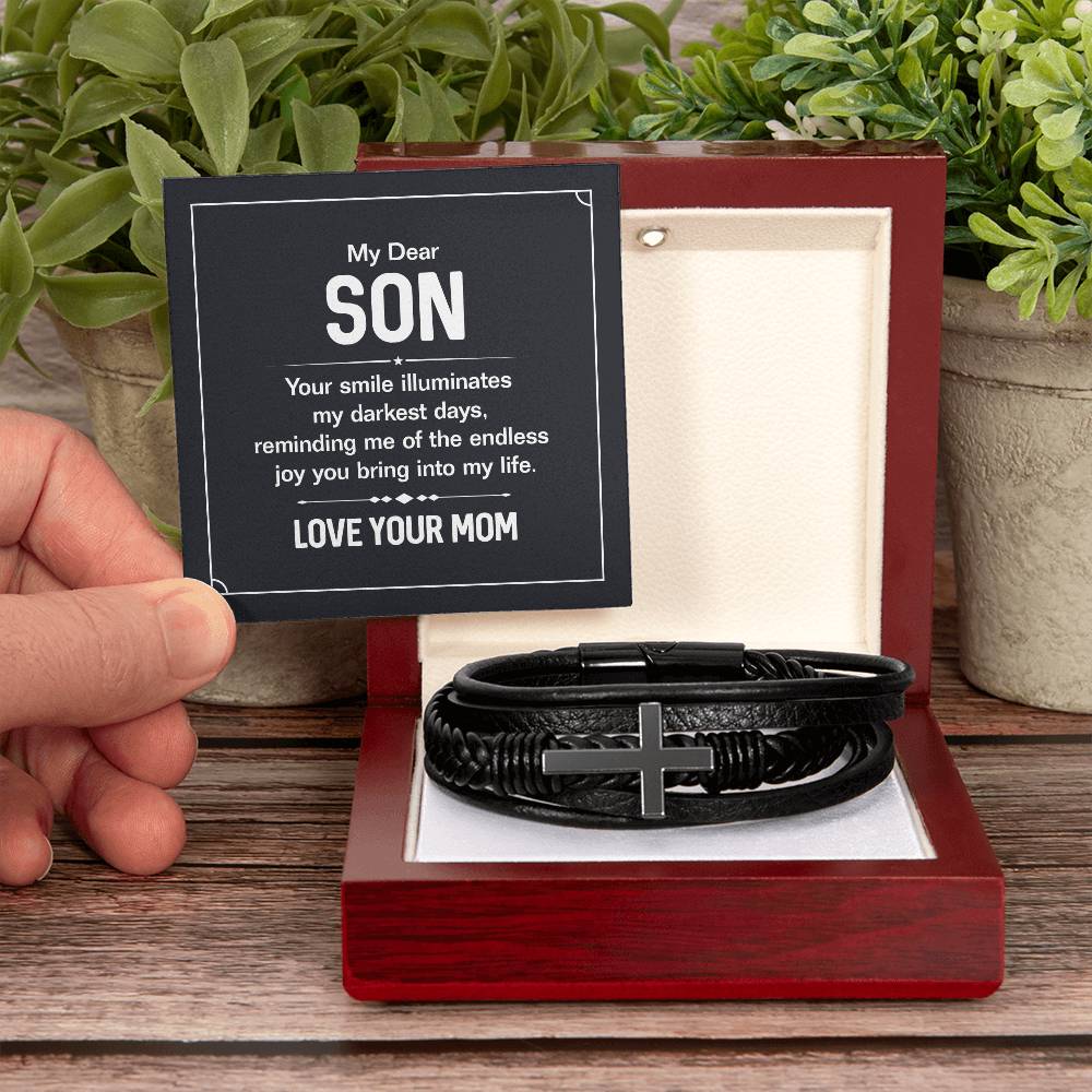 To My Son Your Smile Men's Cross Bracelet - Vegan Leather with Stainless Steel-Express Your Love Gifts