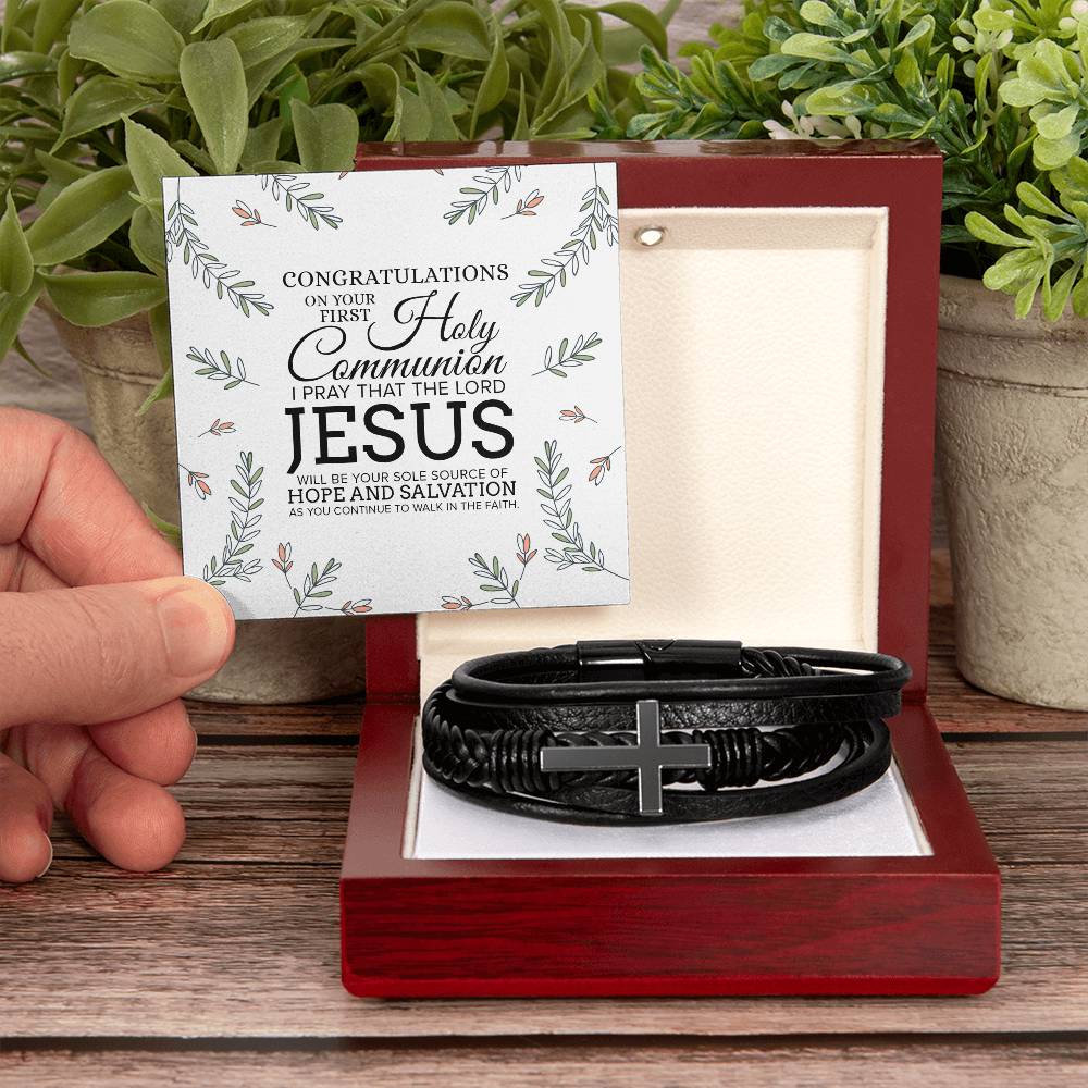 Congratulations on Your First Holy Communion Men's Stainless Steel & Vegan Leather Cross Bracelet - Vegan Leather with Stainless Steel-Express Your Love Gifts