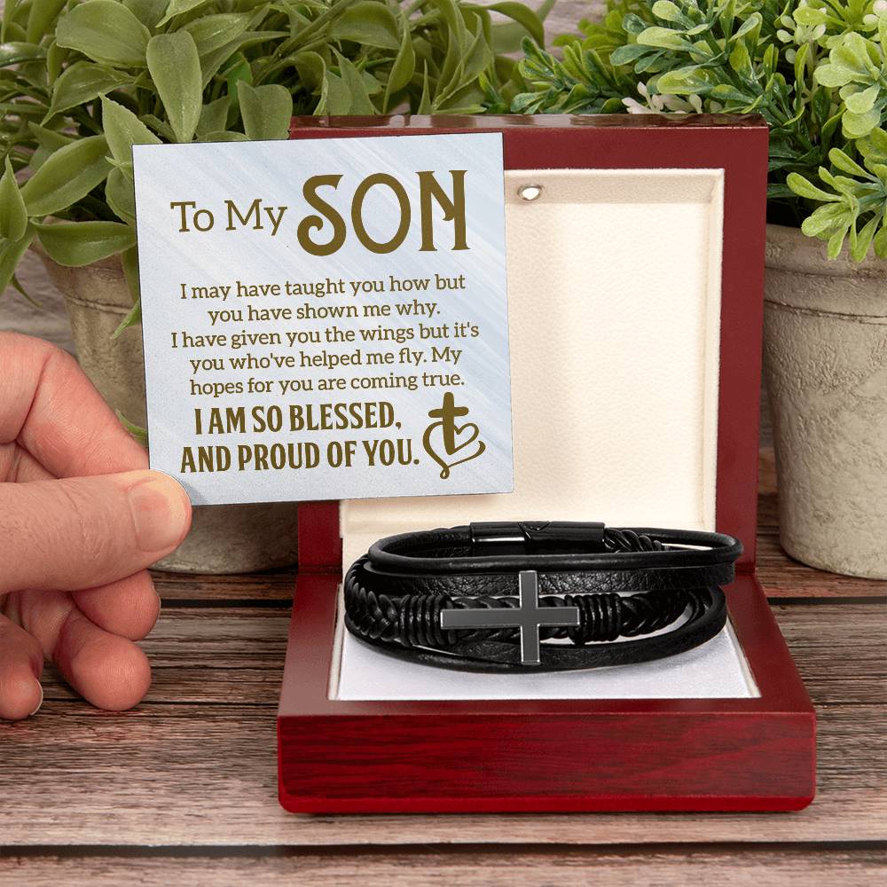 To My Son I Am So Blessed Men's Cross Bracelet - Vegan Leather with Stainless Steel-Express Your Love Gifts