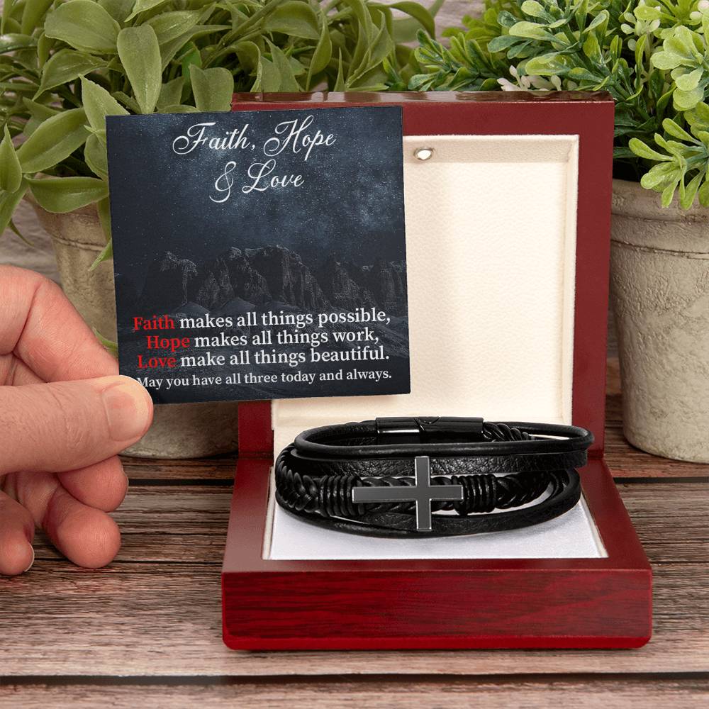 Faith Hope & Love Men's Stainless Steel & Vegan Leather Cross Bracelet - Vegan Leather with Stainless Steel-Express Your Love Gifts