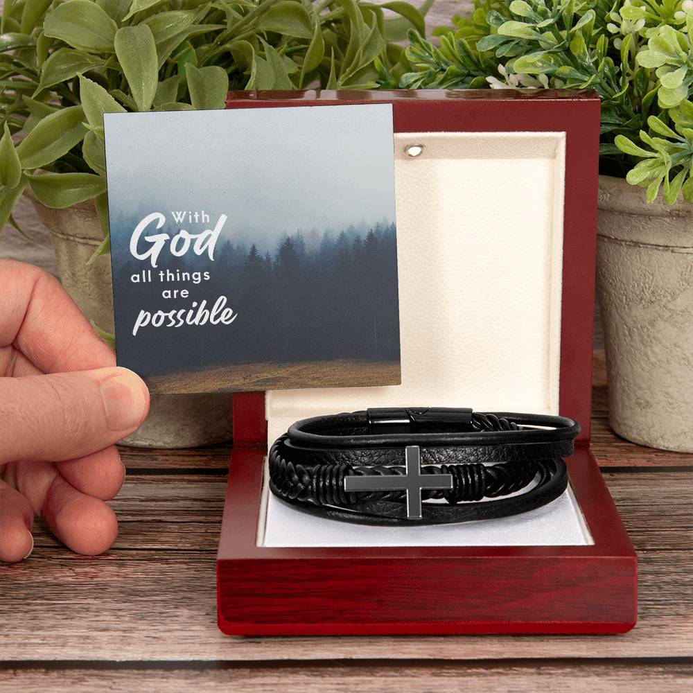 With God All Things are Possible Men's Cross Bracelet - Vegan Leather with Stainless Steel-Express Your Love Gifts