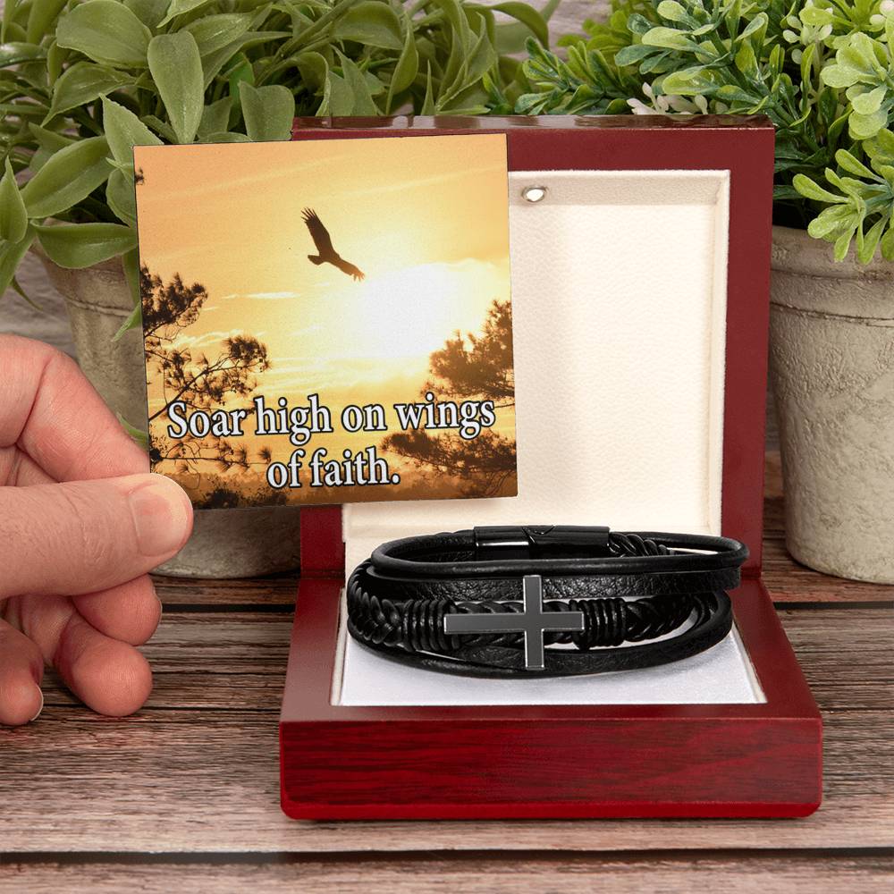 Soar High on Faith Men's Stainless Steel & Vegan Leather Cross Bracelet - Vegan Leather with Stainless Steel-Express Your Love Gifts