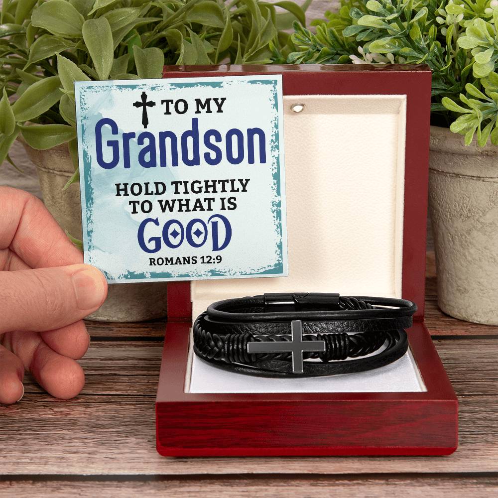 To My Grandson Hold Tightly Men's Cross Bracelet - Vegan Leather with Stainless Steel-Express Your Love Gifts