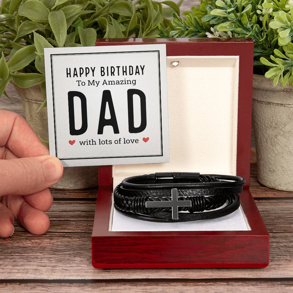Happy Birthday to My Amazing Dad Men's Cross Bracelet - Vegan Leather with Stainless Steel-Express Your Love Gifts