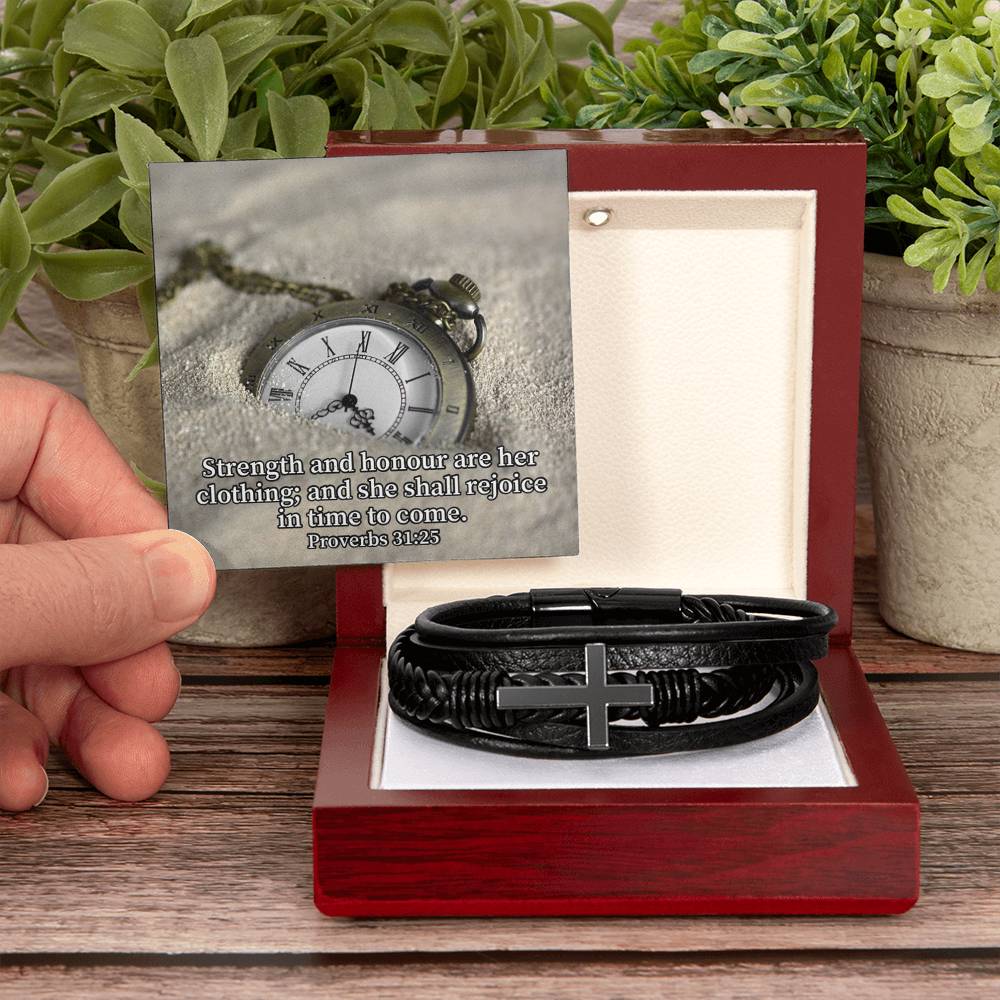 Her Strength Proverbs 31:25 Men's Stainless Steel & Vegan Leather Cross Bracelet - Vegan Leather with Stainless Steel-Express Your Love Gifts