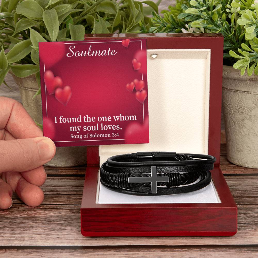My Soul Loves Song of Solomon 3:4 Men's Stainless Steel & Vegan Leather Cross Bracelet - Vegan Leather with Stainless Steel-Express Your Love Gifts