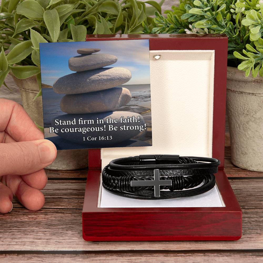 Stand Firm in Faith 1 Corinthians 16:13 Men's Stainless Steel & Vegan Leather Cross Bracelet - Vegan Leather with Stainless Steel-Express Your Love Gifts