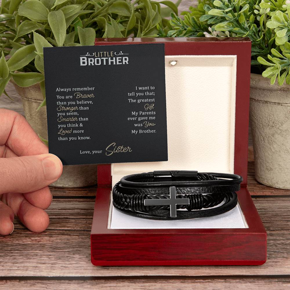 To My Little Brother Love Your Lord With All Your Strength Men's Cross Bracelet - Vegan Leather with Stainless Steel-Express Your Love Gifts