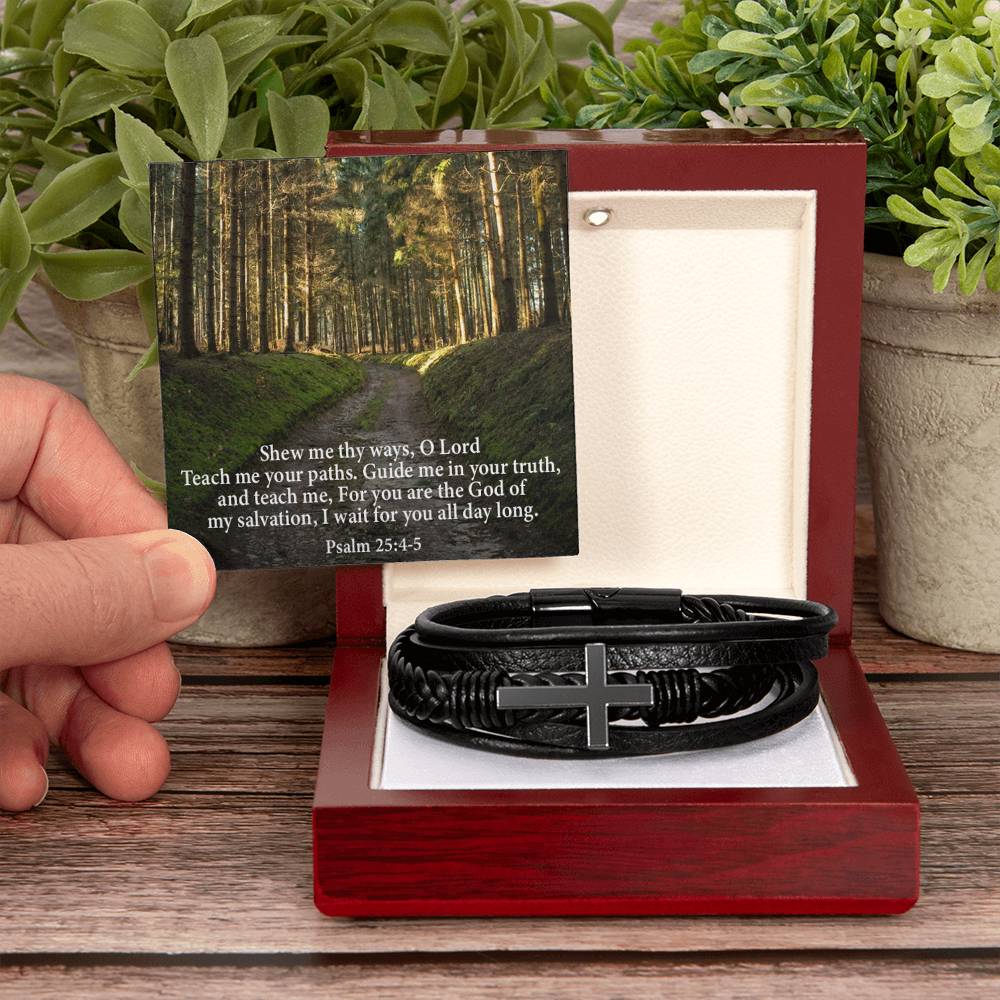 Guide & Teach Me lord in Psalm 25:4‭-‬5 Men's Stainless Steel & Vegan Leather Cross Bracelet - Vegan Leather with Stainless Steel-Express Your Love Gifts