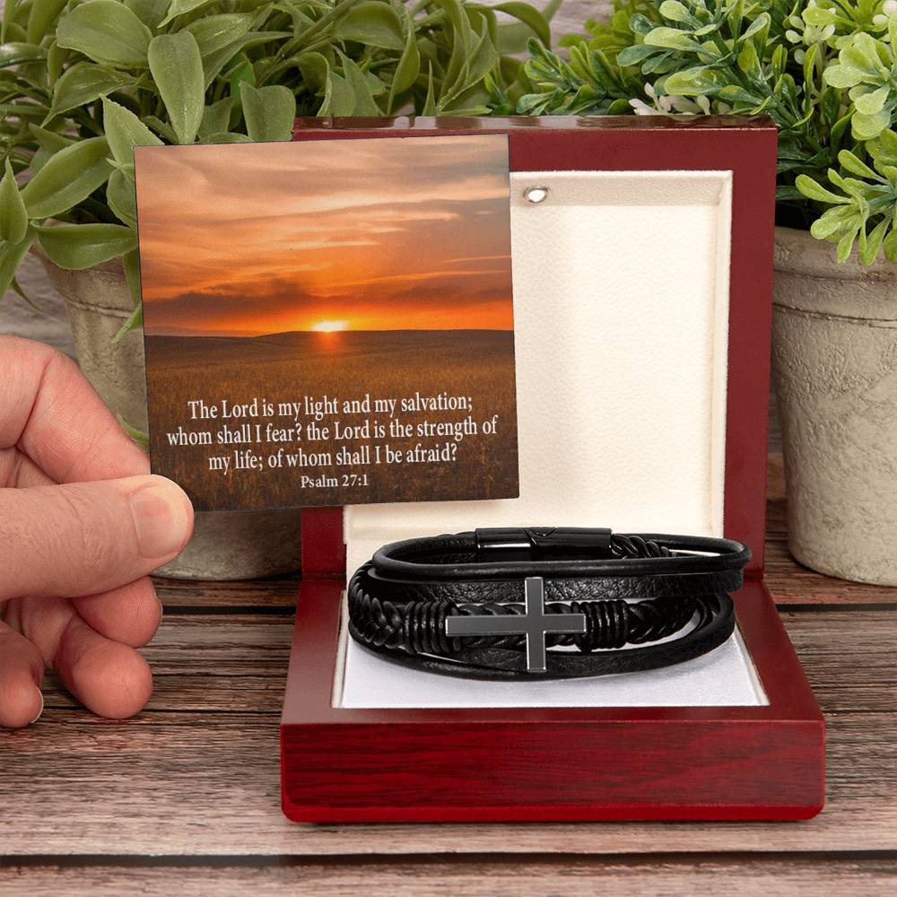 Lord is My Salvation Psalm 27:1 Men's Stainless Steel & Vegan Leather Cross Bracelet - Vegan Leather with Stainless Steel-Express Your Love Gifts