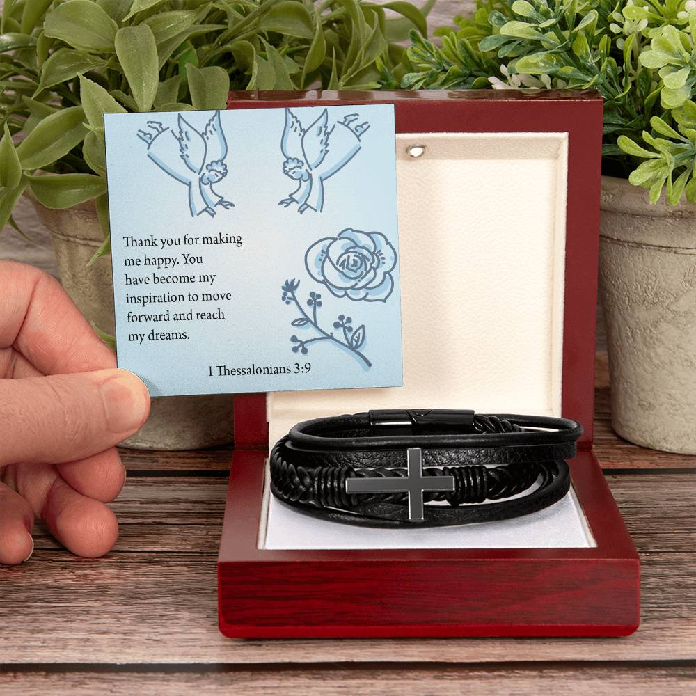 You're my Inspiration Thessalonians Men's Stainless Steel & Vegan Leather Cross Bracelet - Vegan Leather with Stainless Steel-Express Your Love Gifts