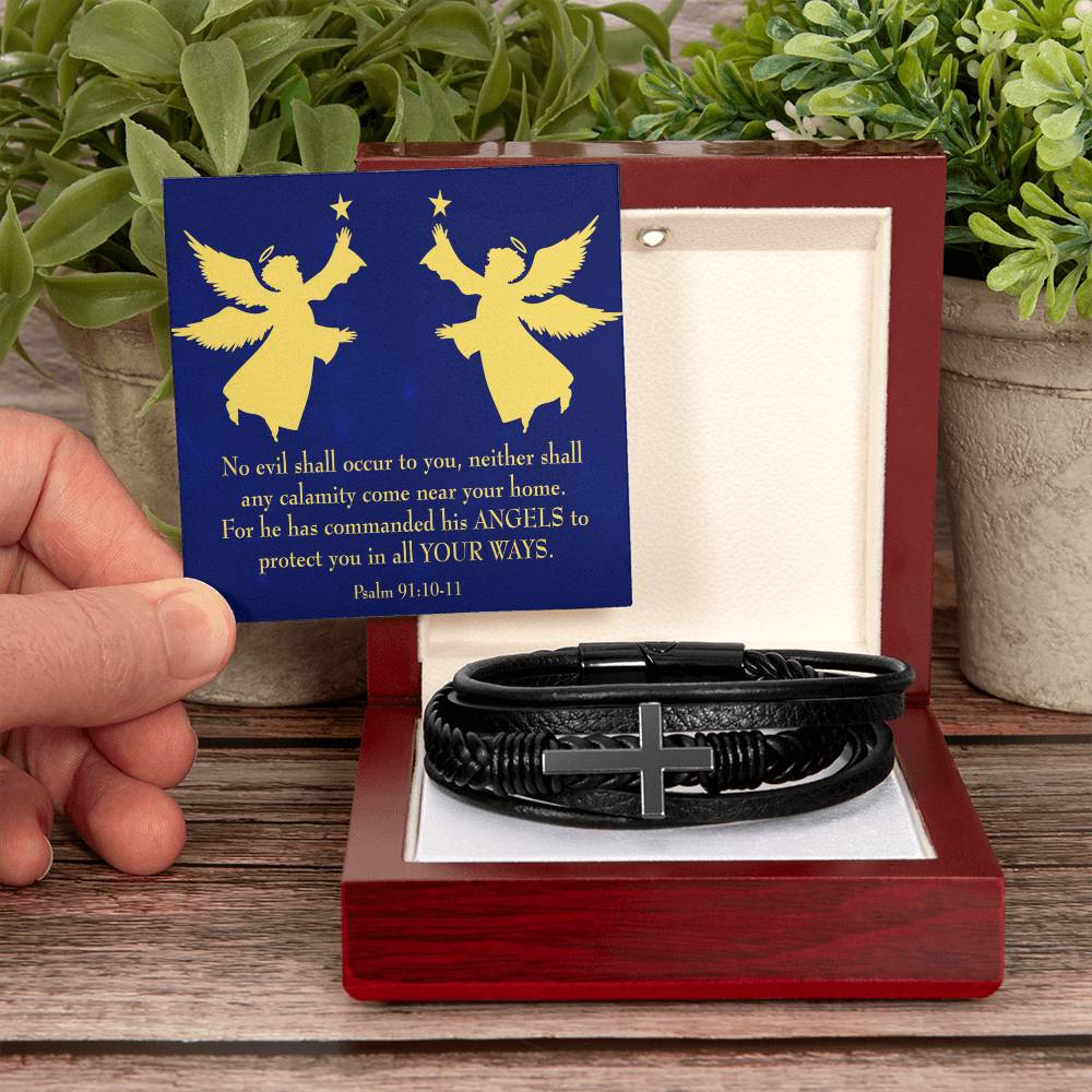 Angels Over You Psalm 91 Men's Stainless Steel & Vegan Leather Cross Bracelet - Vegan Leather with Stainless Steel-Express Your Love Gifts