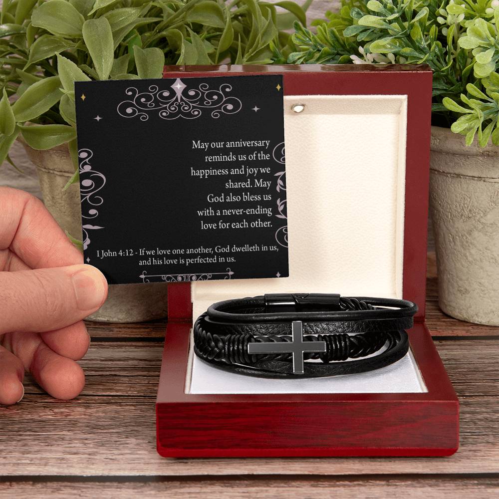 Happiness 1 John 4:12 Men's Stainless Steel & Vegan Leather Cross Bracelet - Vegan Leather with Stainless Steel-Express Your Love Gifts