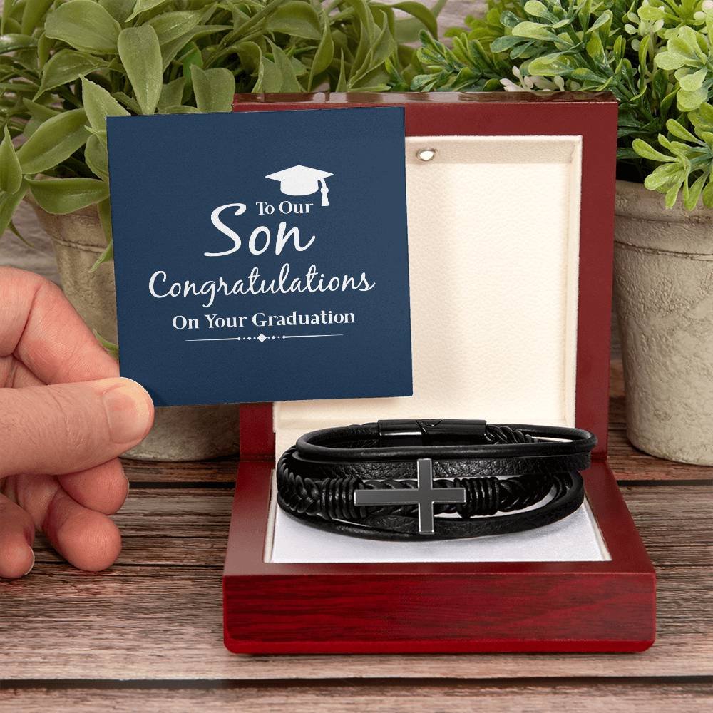 To Our Son Congratulations on Your Graduation Men's Cross Bracelet - Vegan Leather with Stainless Steel-Express Your Love Gifts