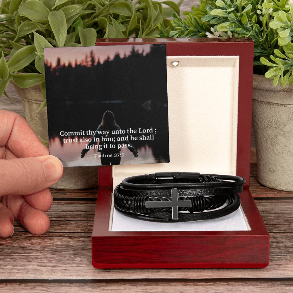 Commit Psalm 37:5 Men's Stainless Steel & Vegan Leather Cross Bracelet - Vegan Leather with Stainless Steel-Express Your Love Gifts