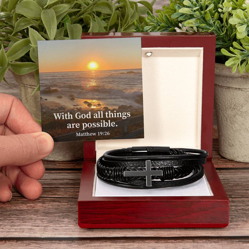 With God All Things are Possible Matthew 19:26 Men's Stainless Steel & Vegan Leather Cross Bracelet - Vegan Leather with Stainless Steel-Express Your Love Gifts