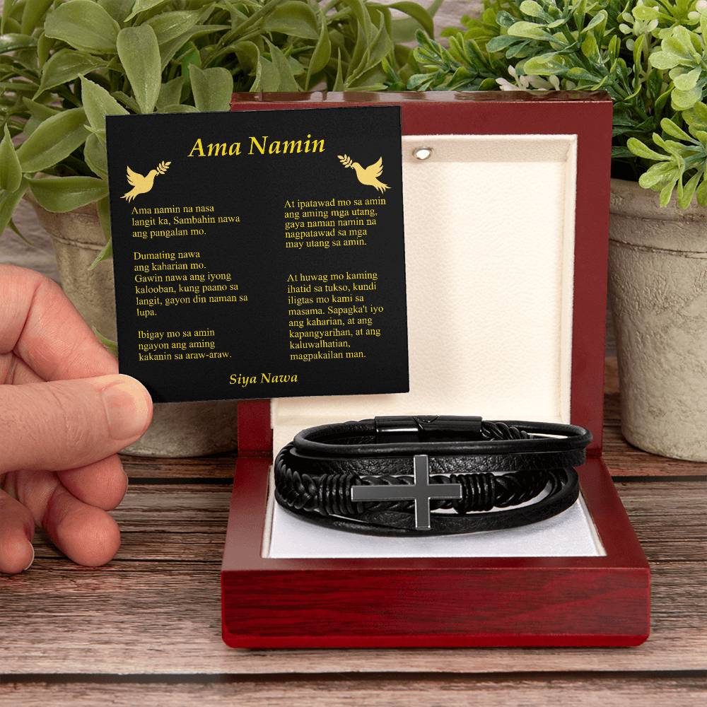 Lords Prayer Tagalog Ama Namin Men's Stainless Steel & Vegan Leather Cross Bracelet - Vegan Leather with Stainless Steel-Express Your Love Gifts