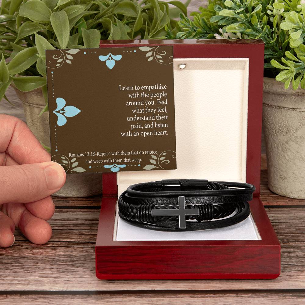 Empathy & Understanding Romans 12:15 Men's Stainless Steel & Vegan Leather Cross Bracelet - Vegan Leather with Stainless Steel-Express Your Love Gifts