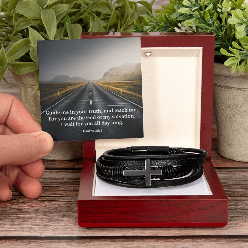 Guide Me Psalm 25:5 Men's Stainless Steel & Vegan Leather Cross Bracelet - Vegan Leather with Stainless Steel-Express Your Love Gifts
