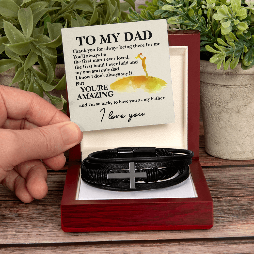 Lucky To Have You As My Father Men's Cross Bracelet - Vegan Leather with Stainless Steel-Express Your Love Gifts