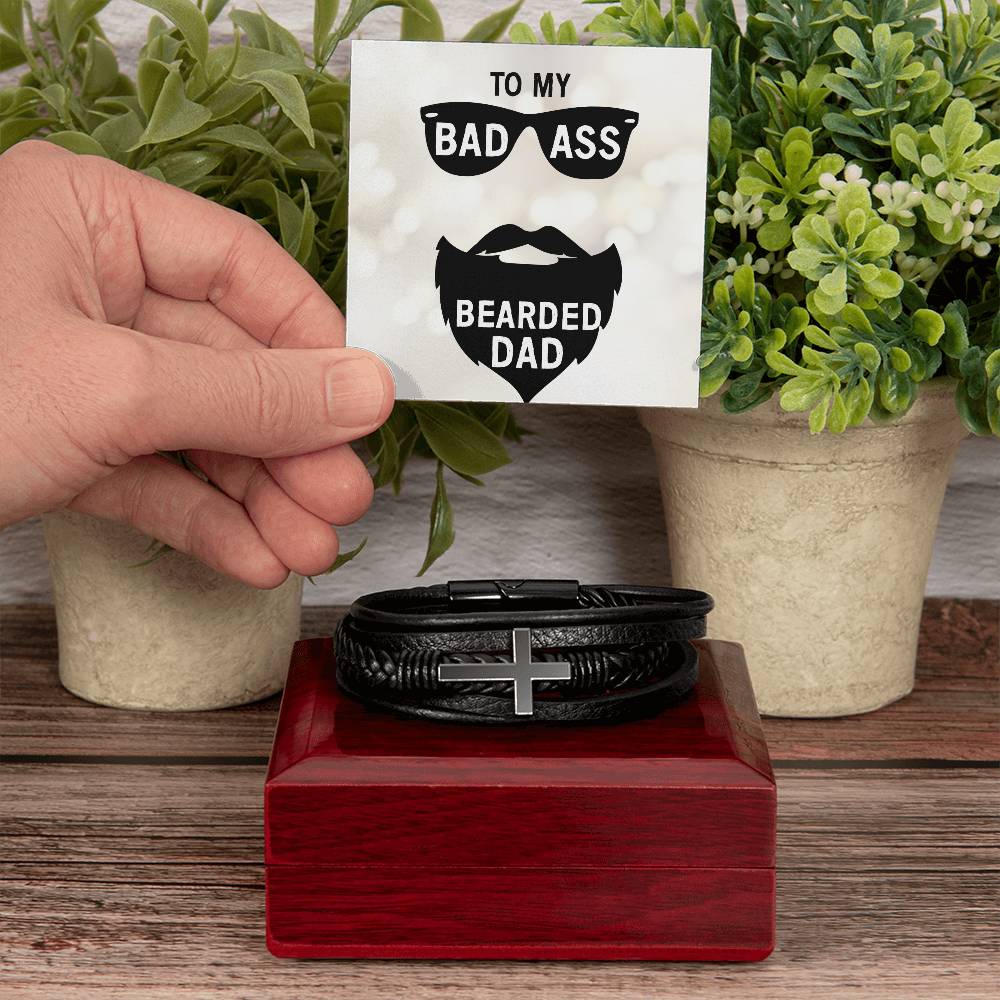 To My Badass Bearded Dad Men's Cross Bracelet - Vegan Leather with Stainless Steel-Express Your Love Gifts