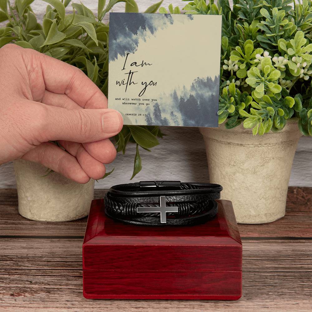 I Am With You Men's Cross Bracelet - Vegan Leather with Stainless Steel-Express Your Love Gifts