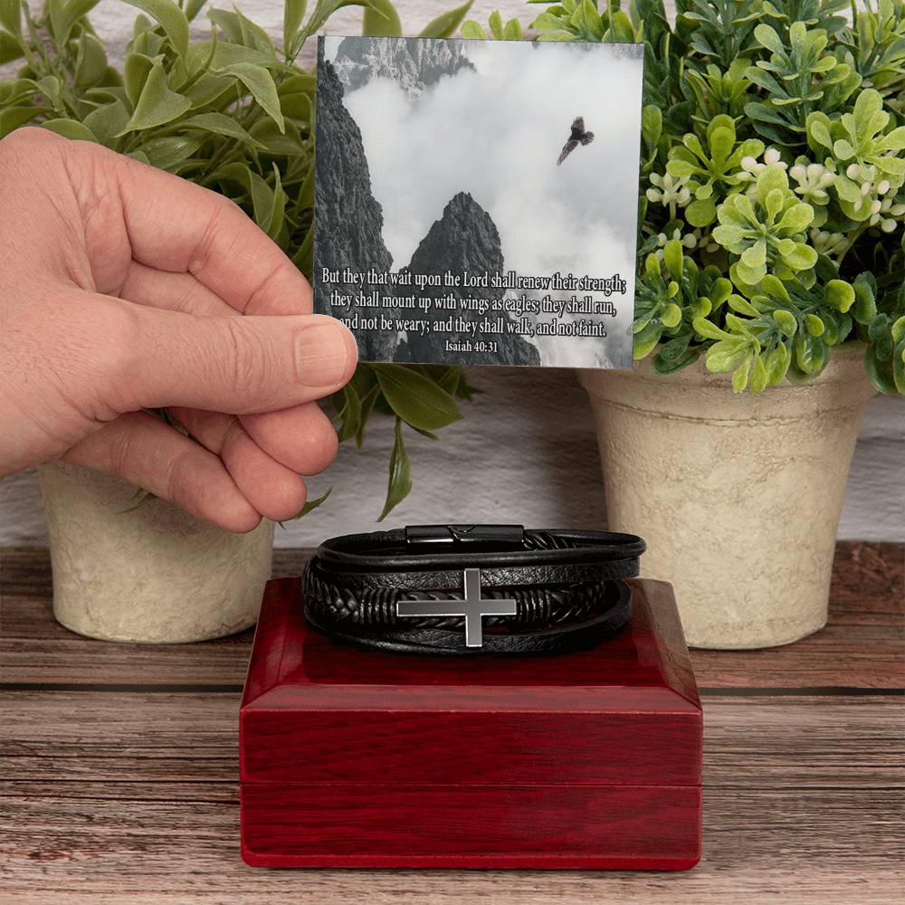 Renew Their Strength Isaiah 40:31 Men's Stainless Steel & Vegan Leather Cross Bracelet - Vegan Leather with Stainless Steel-Express Your Love Gifts