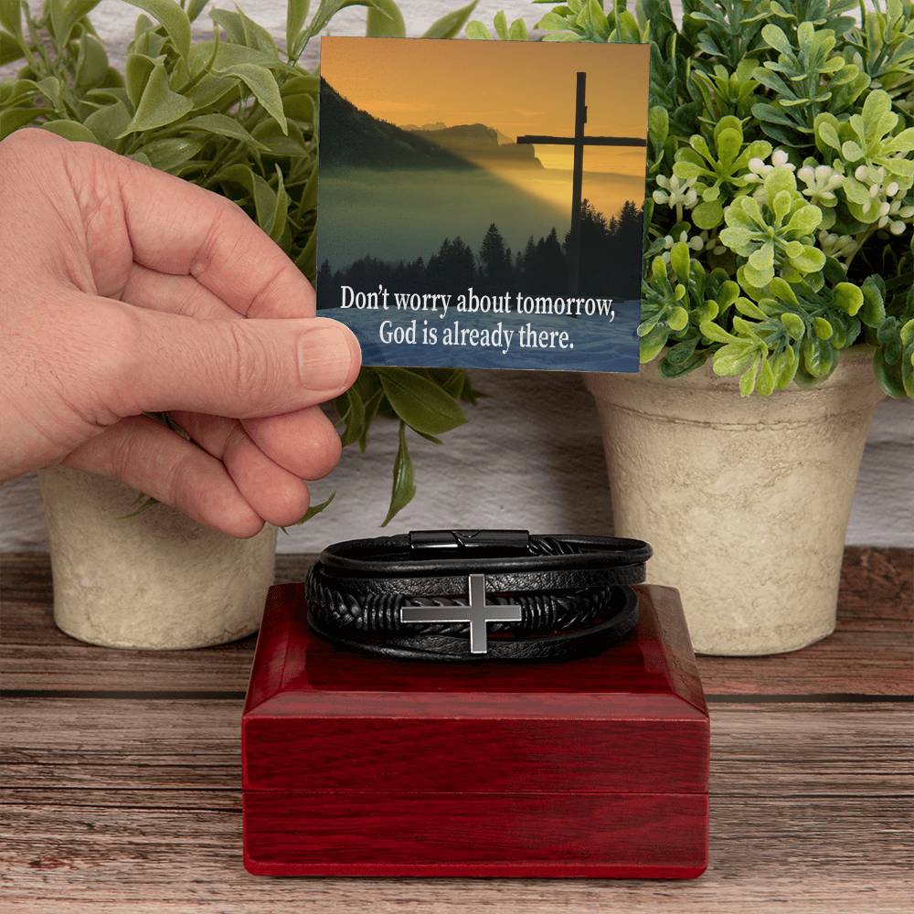 Don’t Worry About Tomorrow Men's Stainless Steel & Vegan Leather Cross Bracelet - Vegan Leather with Stainless Steel-Express Your Love Gifts