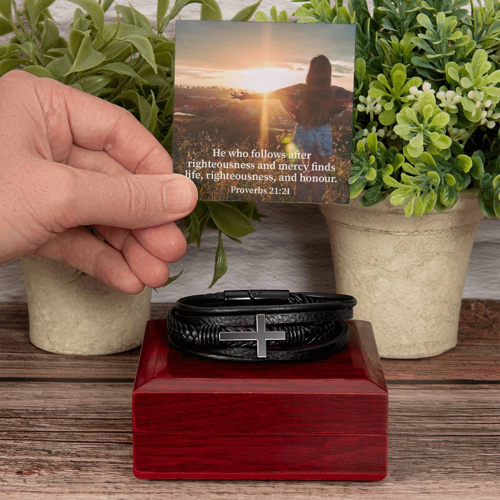 Righteousness and Honour Proverbs 21:21 Men's Stainless Steel & Vegan Leather Cross Bracelet - Vegan Leather with Stainless Steel-Express Your Love Gifts