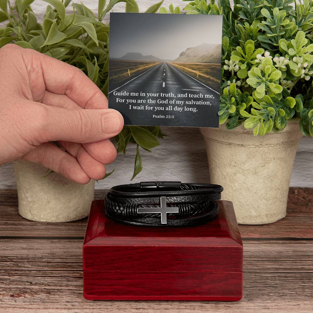Guide Me Psalm 25:5 Men's Stainless Steel & Vegan Leather Cross Bracelet - Vegan Leather with Stainless Steel-Express Your Love Gifts