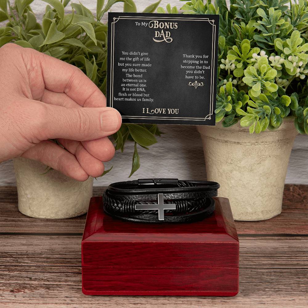 To My Bonus Dad Men's Cross Bracelet - Vegan Leather with Stainless Steel-Express Your Love Gifts