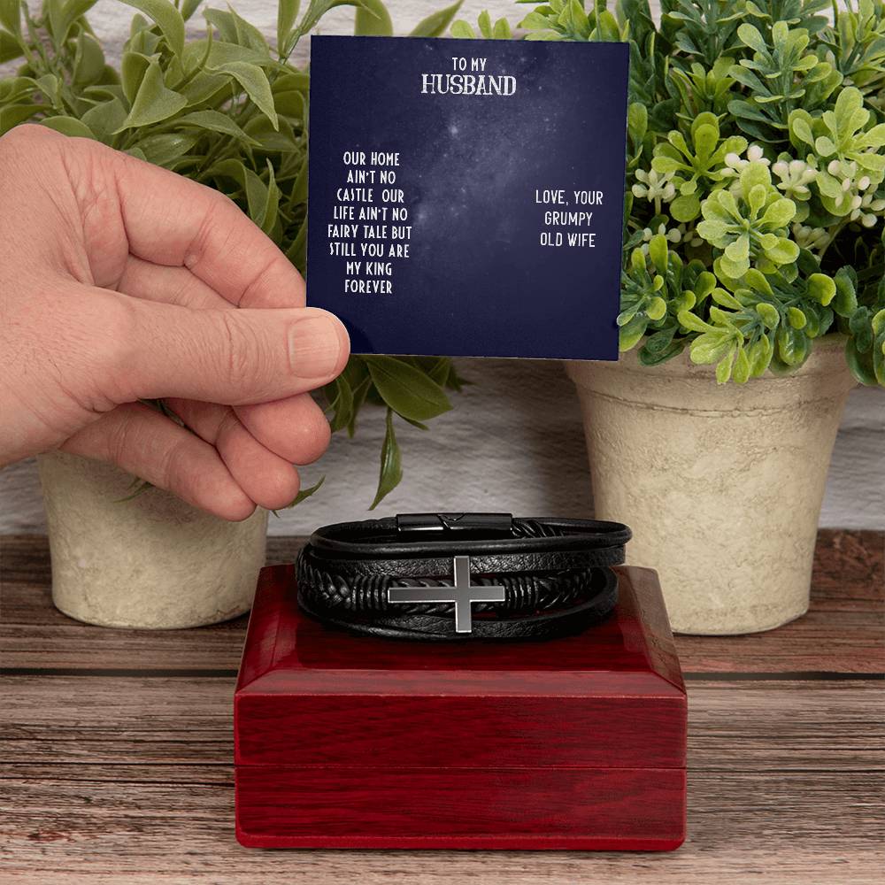 To My Husband Our Home Men's Cross Bracelet - Vegan Leather with Stainless Steel-Express Your Love Gifts