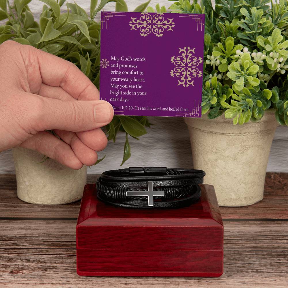 Get Well God's Words & Promises Psalm 107:20 Men's Stainless Steel & Vegan Leather Cross Bracelet - Vegan Leather with Stainless Steel-Express Your Love Gifts