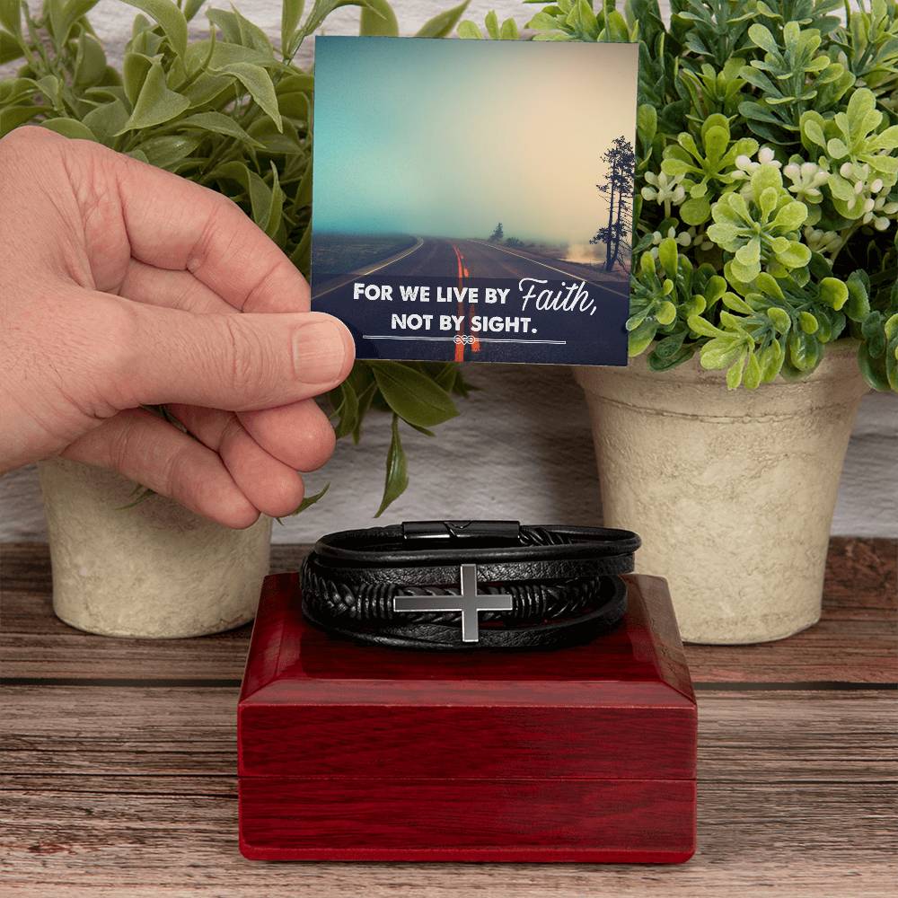 For We Live by Faith Not by Side Men's Stainless Steel & Vegan Leather Cross Bracelet - Vegan Leather with Stainless Steel-Express Your Love Gifts