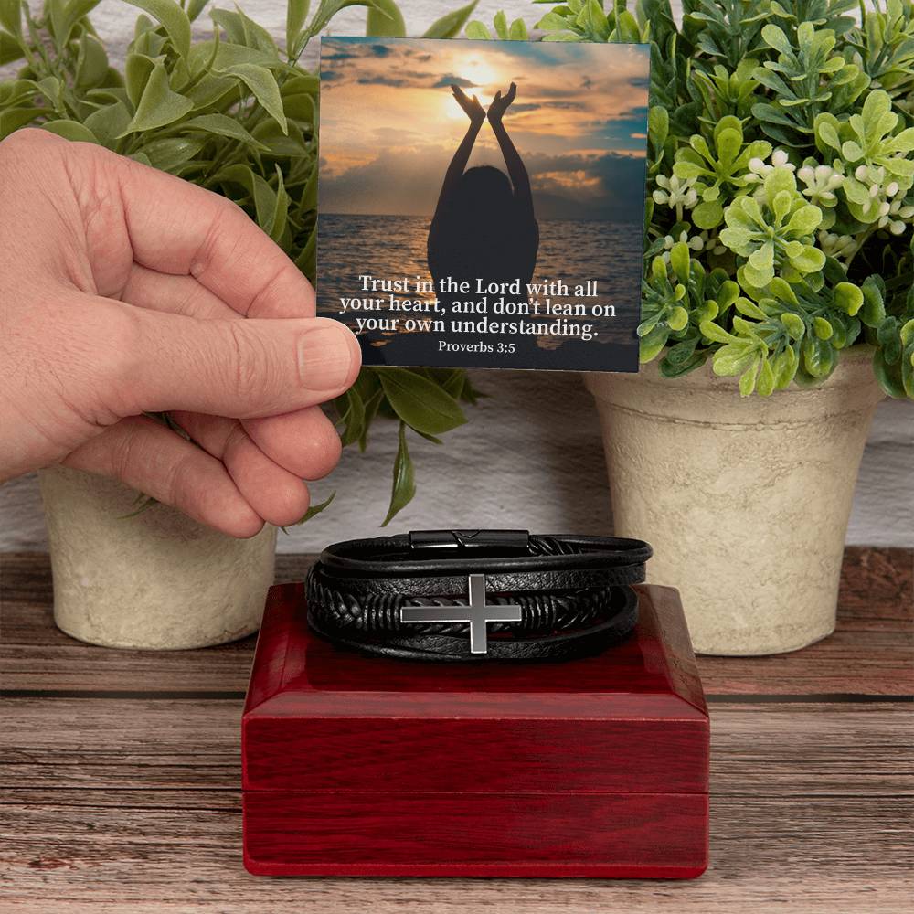 Trust in the Lord Proverbs 3:5 Men's Stainless Steel & Vegan Leather Cross Bracelet - Vegan Leather with Stainless Steel-Express Your Love Gifts